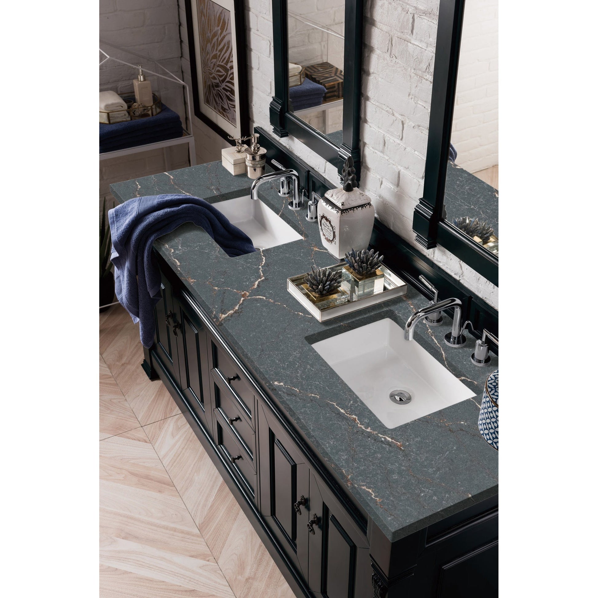 James Martin Vanities Brittany 72" Antique Black Double Vanity With 3 cm Parisien Bleu Quartz Top