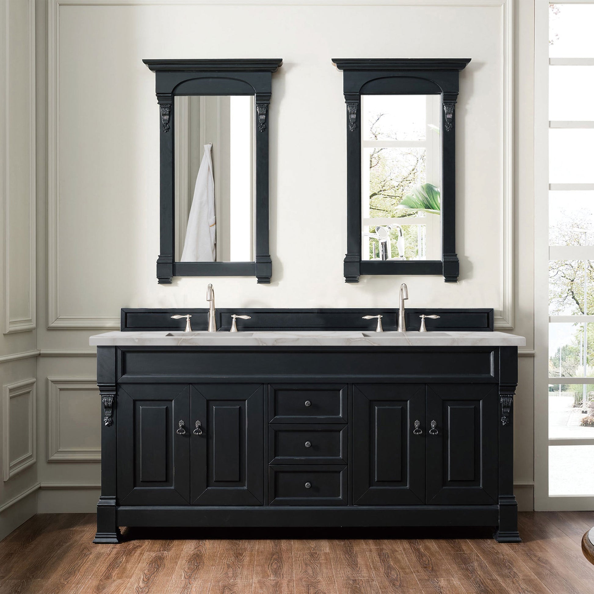 James Martin Vanities Brittany 72" Antique Black Double Vanity With 3 cm Victorian Silver Quartz Top