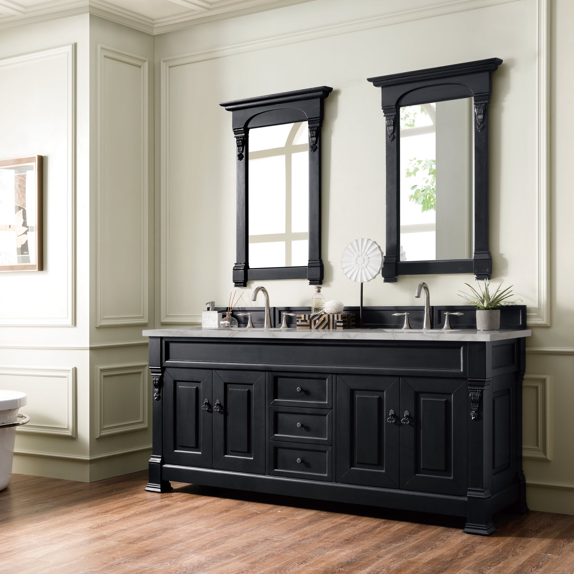 James Martin Vanities Brittany 72" Antique Black Double Vanity With 3 cm Victorian Silver Quartz Top