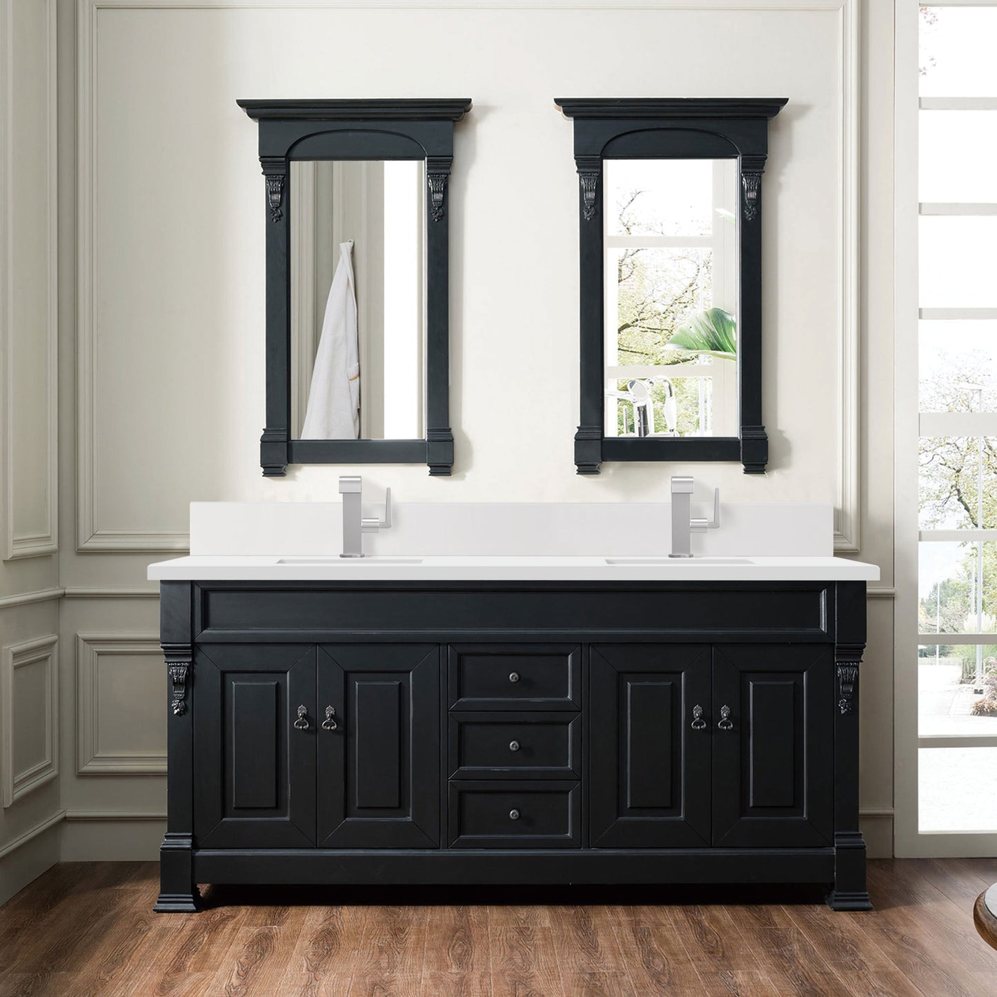 James Martin Vanities Brittany 72" Antique Black Double Vanity With Single Hole 3 cm White Zeus Quartz Top & Backsplash