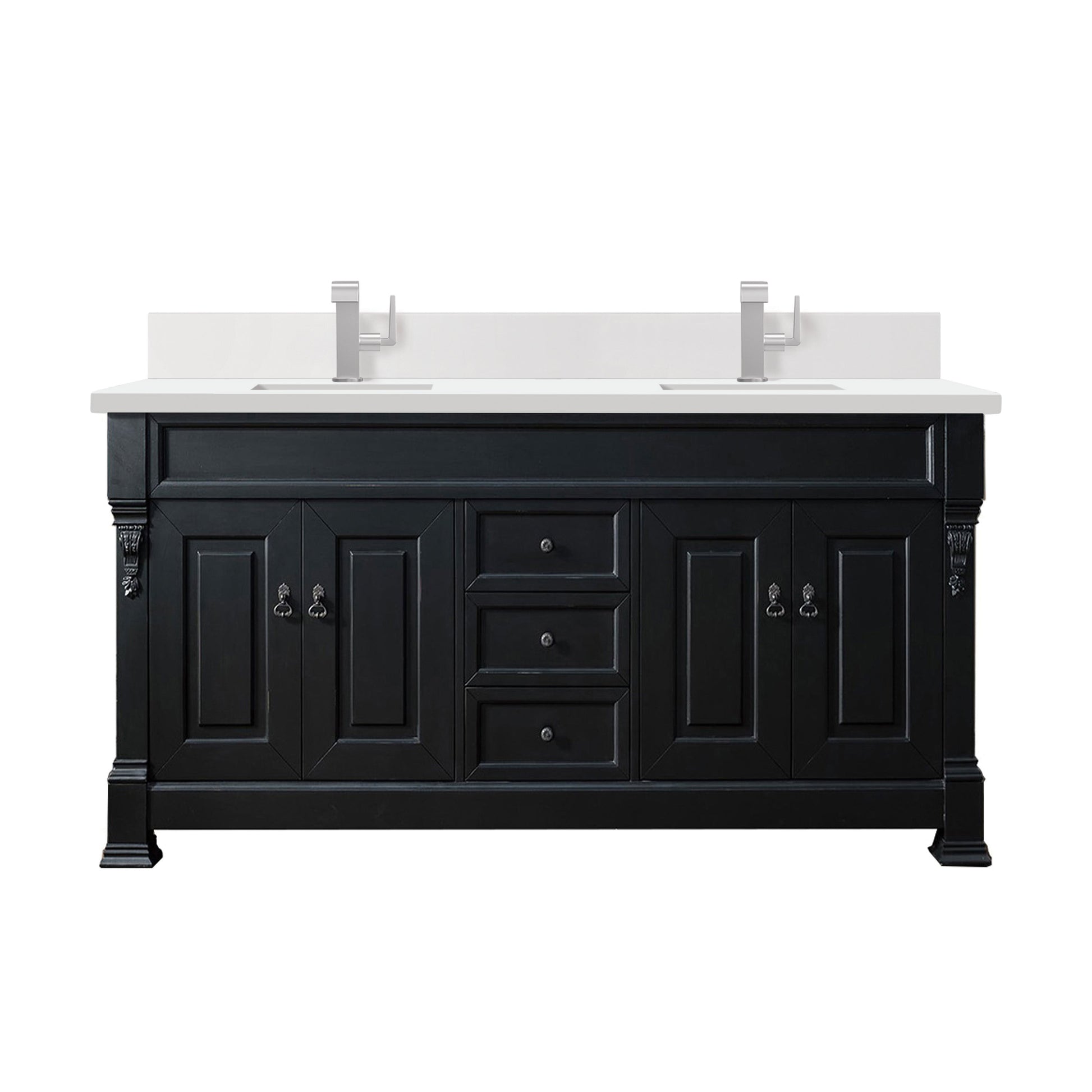 James Martin Vanities Brittany 72" Antique Black Double Vanity With Single Hole 3 cm White Zeus Quartz Top & Backsplash