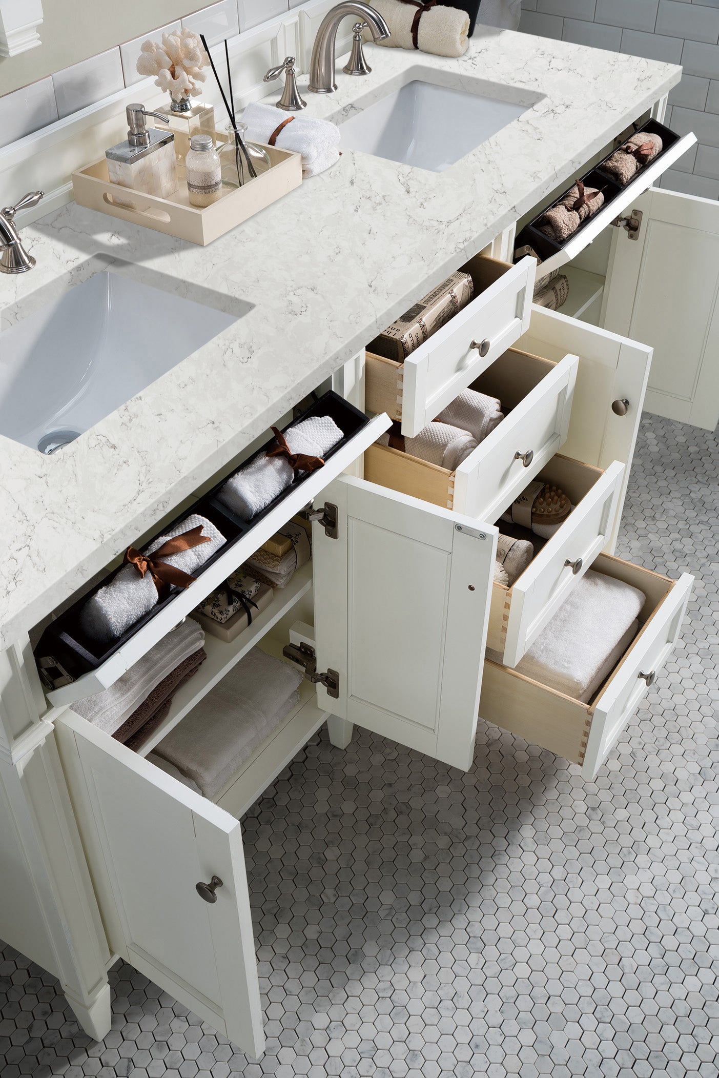 James Martin Vanities Brittany 72" Bright White Double Vanity With 3 cm Eternal Jasmine Pearl Silestone Top and FreePower Wireless Charger