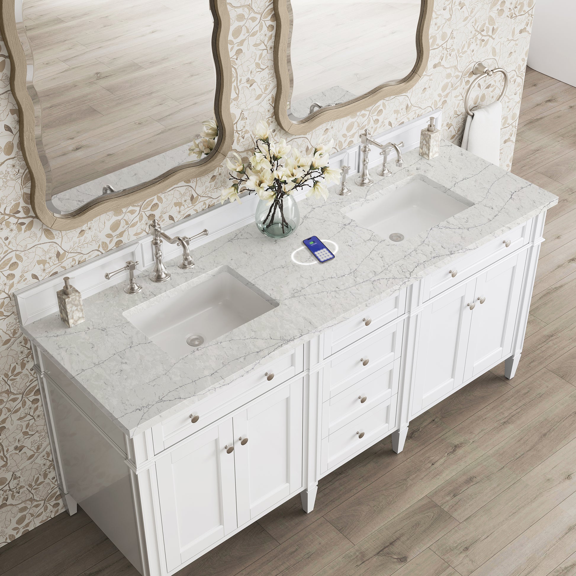 James Martin Vanities Brittany 72" Bright White Double Vanity With 3 cm Eternal Jasmine Pearl Silestone Top and FreePower Wireless Charger