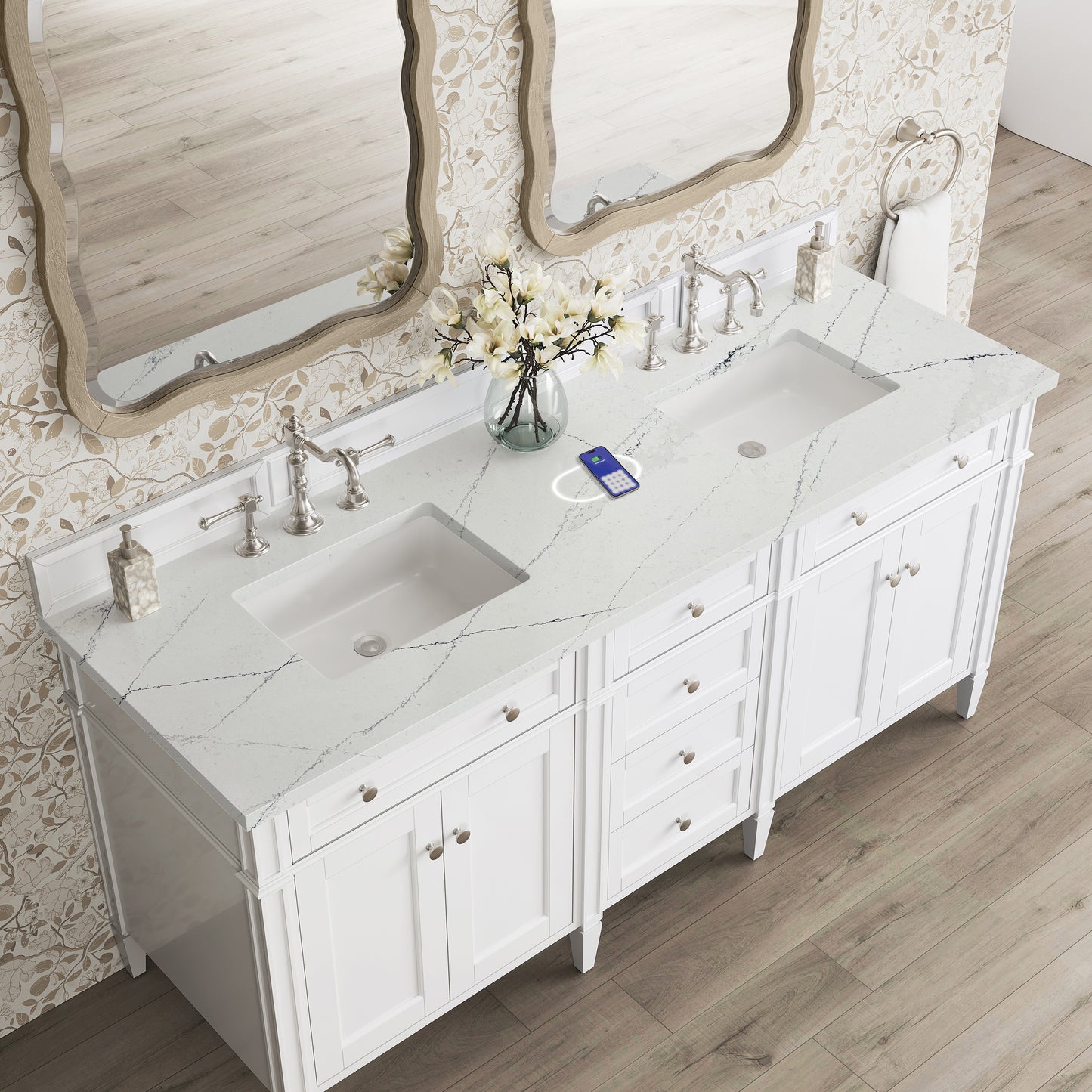 James Martin Vanities Brittany 72" Bright White Double Vanity With 3 cm Ethereal Noctis Silestone Top and FreePower Wireless Charger