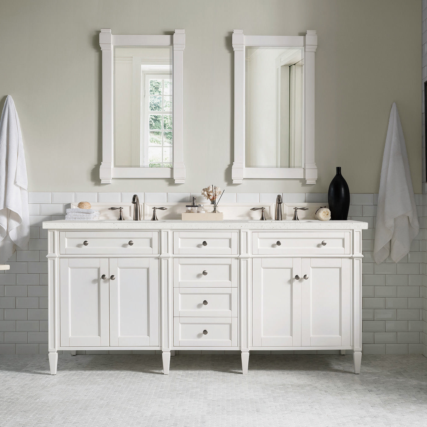 James Martin Vanities Brittany 72" Bright White Double Vanity With 3 cm Lime Delight Quartz Top