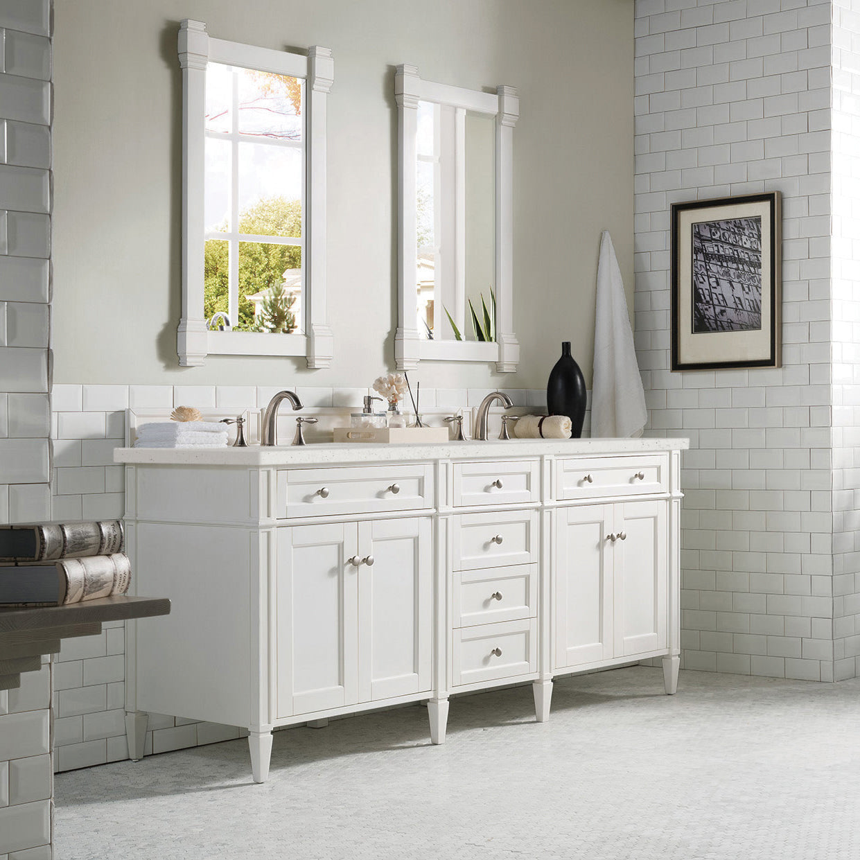 James Martin Vanities Brittany 72" Bright White Double Vanity With 3 cm Lime Delight Quartz Top