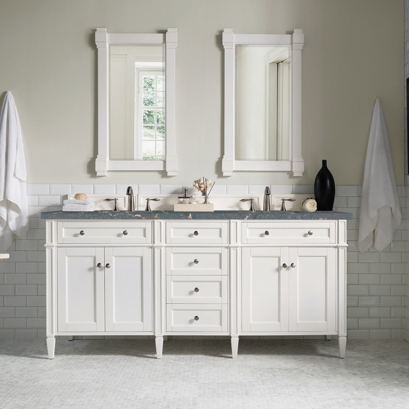 James Martin Vanities Brittany 72" Bright White Double Vanity With 3 cm Parisien Bleu Quartz Top