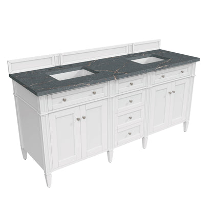 James Martin Vanities Brittany 72" Bright White Double Vanity With 3 cm Parisien Bleu Quartz Top