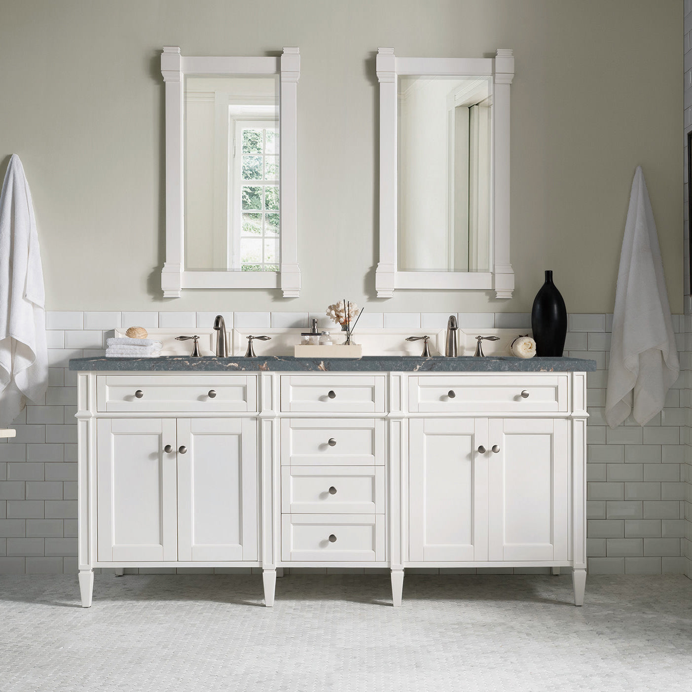 James Martin Vanities Brittany 72" Bright White Double Vanity With 3 cm Parisien Bleu Silestone Top and FreePower Wireless Charger