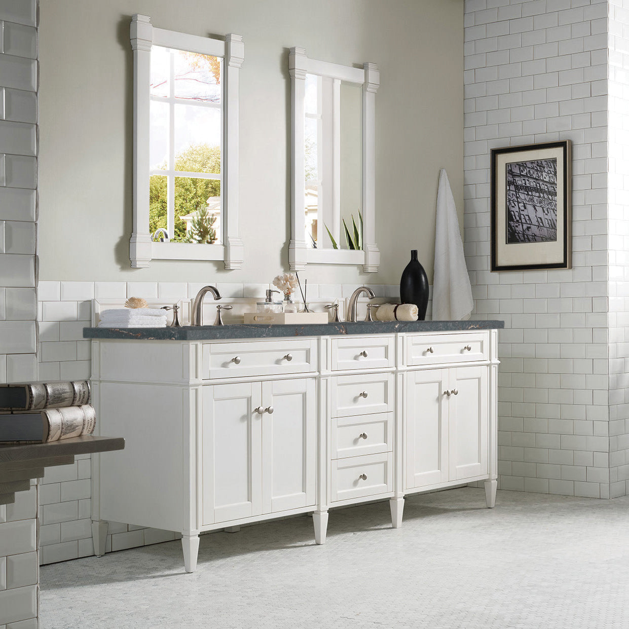 James Martin Vanities Brittany 72" Bright White Double Vanity With 3 cm Parisien Bleu Silestone Top and FreePower Wireless Charger