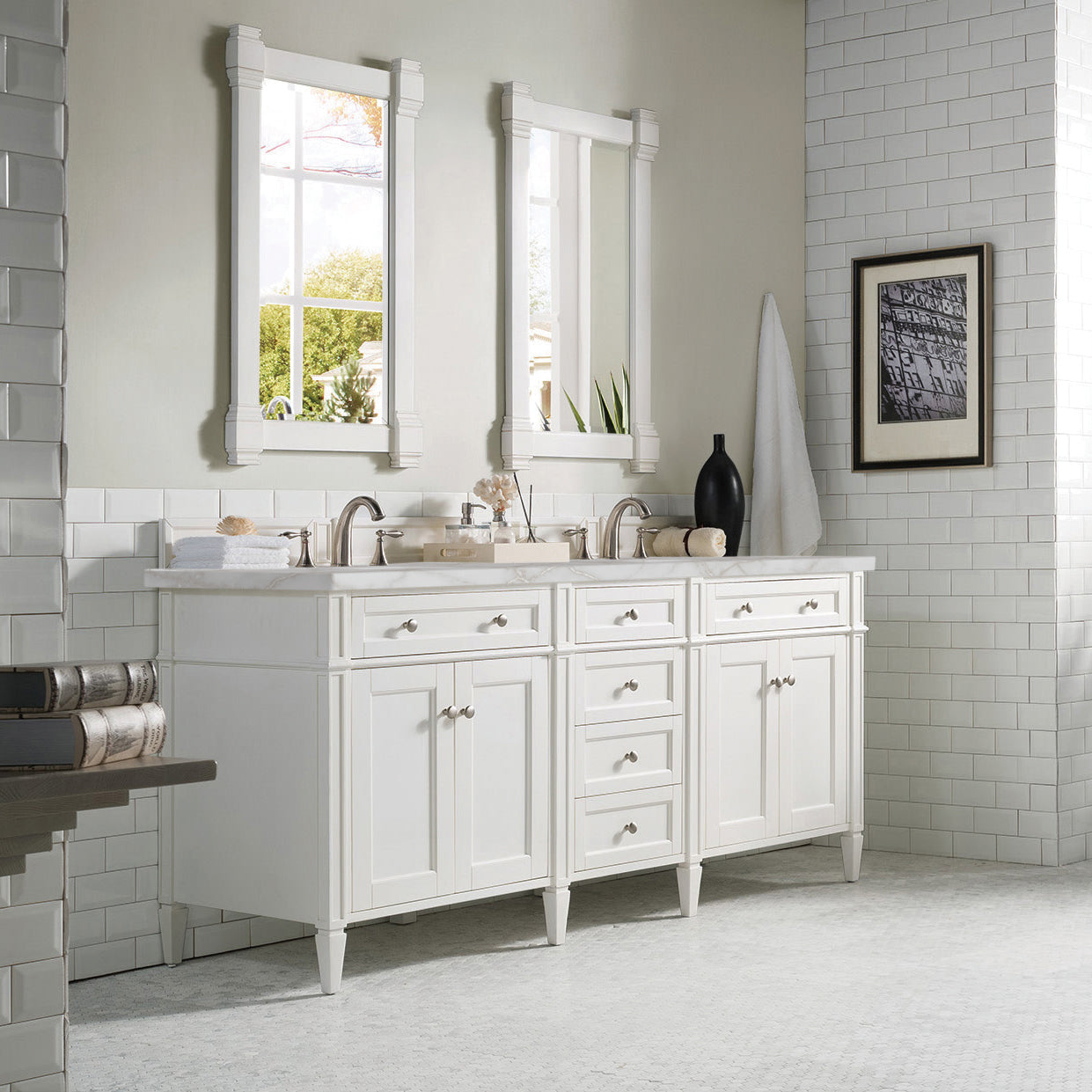 James Martin Vanities Brittany 72" Bright White Double Vanity With 3 cm Victorian Silver Quartz Top