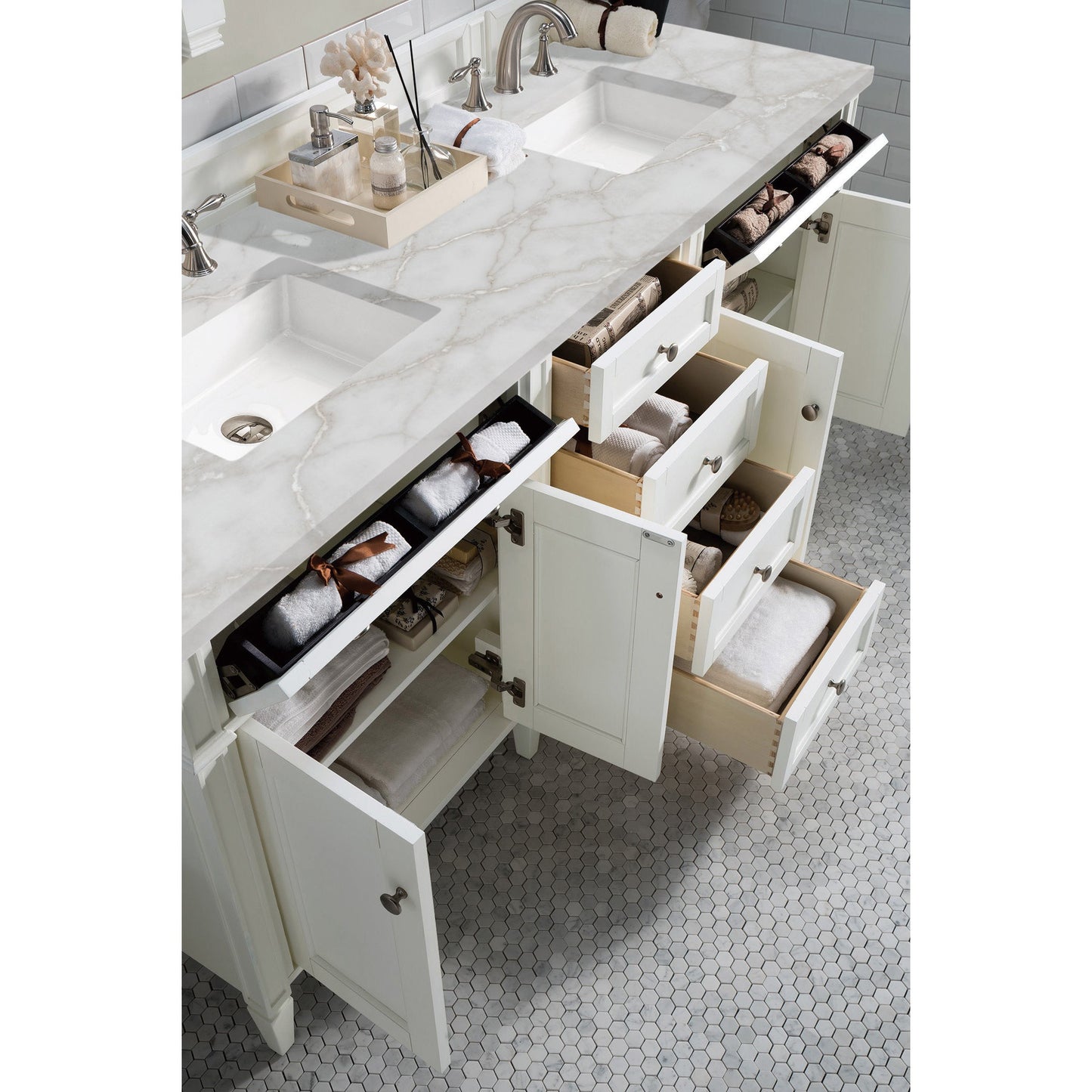 James Martin Vanities Brittany 72" Bright White Double Vanity With 3 cm Victorian Silver Quartz Top