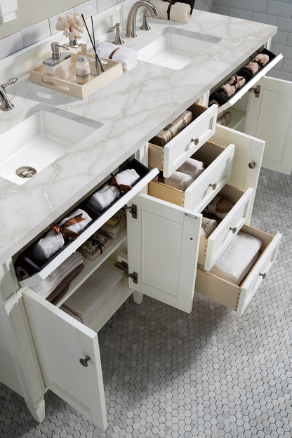 James Martin Vanities Brittany 72" Bright White Double Vanity With 3 cm Victorian Silver Silestone Top and FreePower Wireless Charger