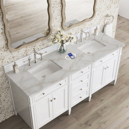 James Martin Vanities Brittany 72" Bright White Double Vanity With 3 cm Victorian Silver Silestone Top and FreePower Wireless Charger