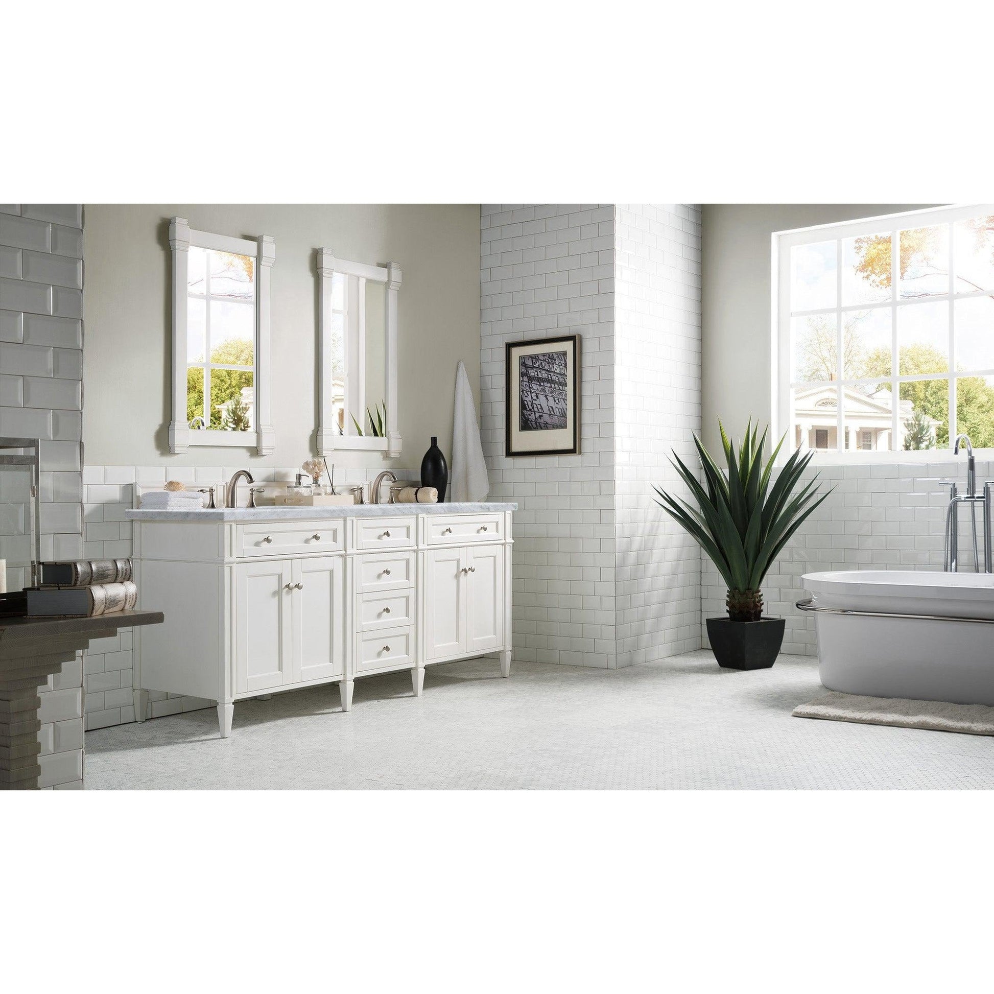 James Martin Vanities Brittany 72" Bright White Double Vanity With 3cm Carrara Marble Top