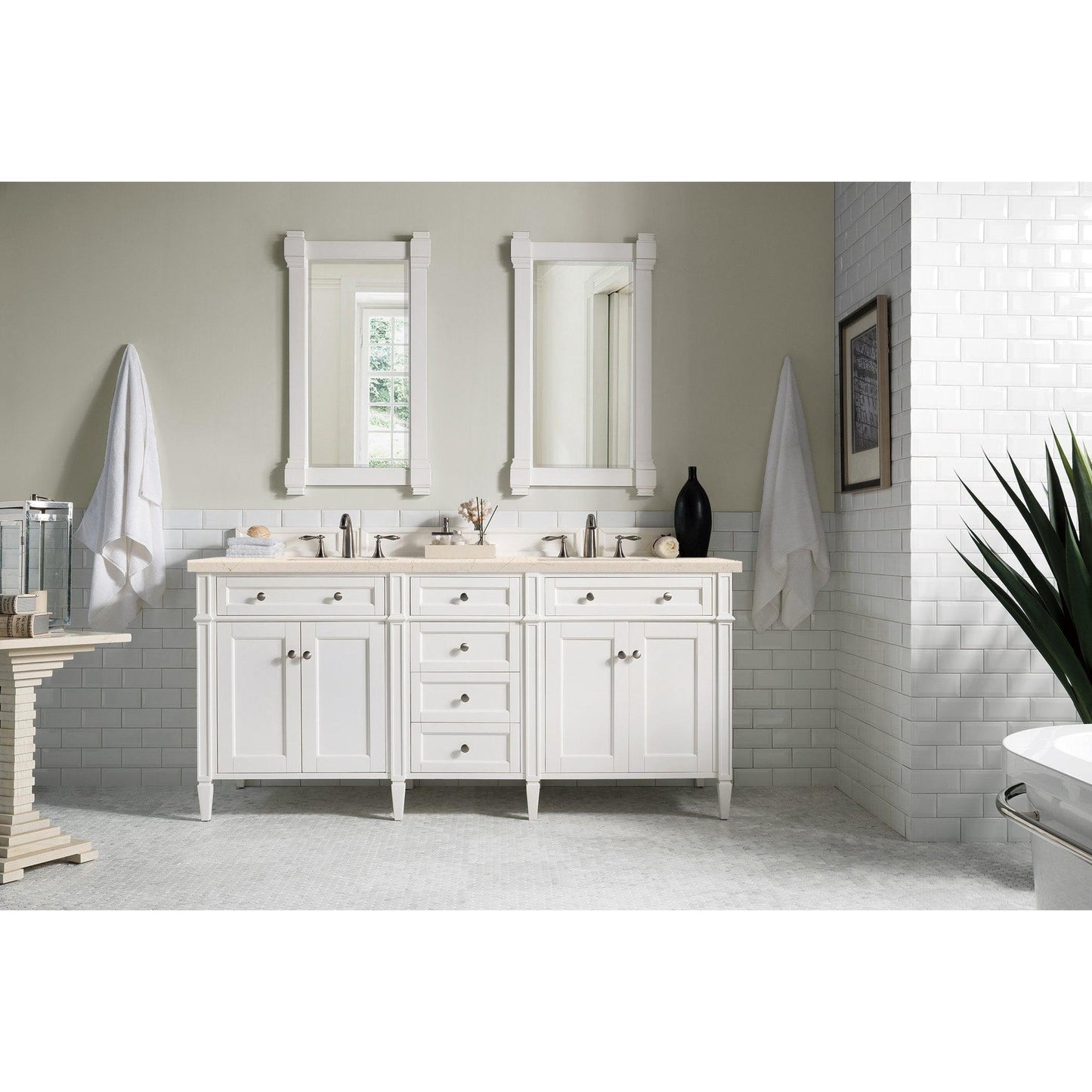James Martin Vanities Brittany 72" Bright White Double Vanity With 3cm Eternal Marfil Quartz Top