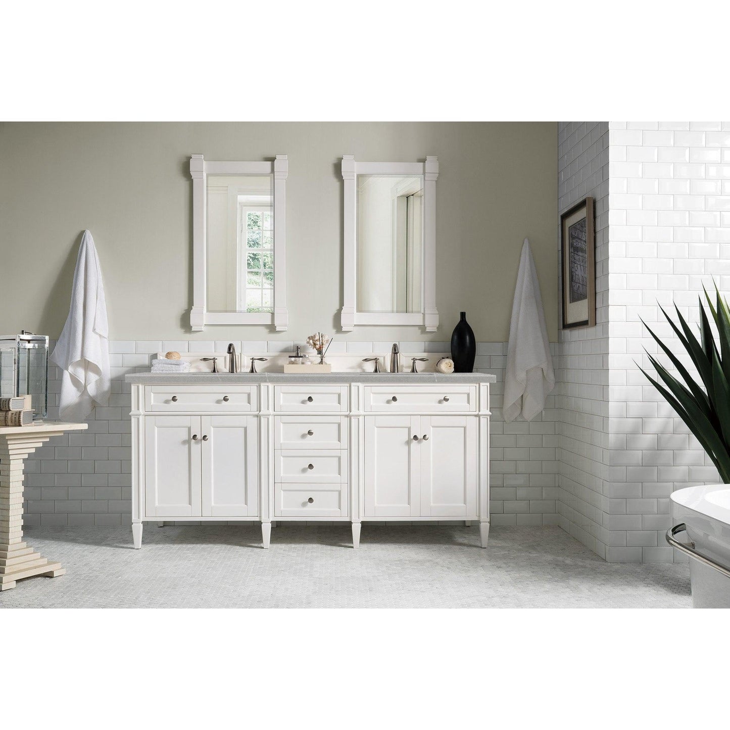 James Martin Vanities Brittany 72" Bright White Double Vanity With 3cm Eternal Serena Quartz Top