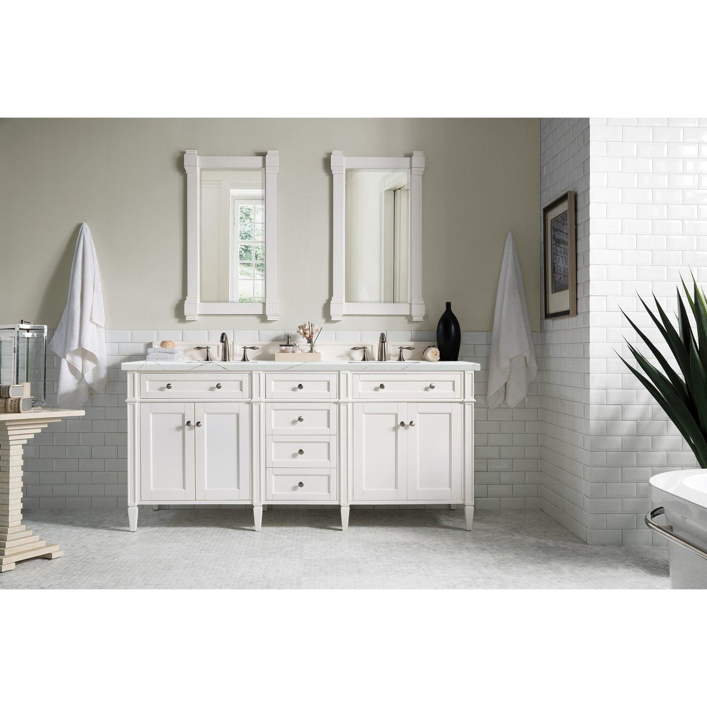 James Martin Vanities Brittany 72" Bright White Double Vanity With 3cm Ethereal Noctis Quartz Top