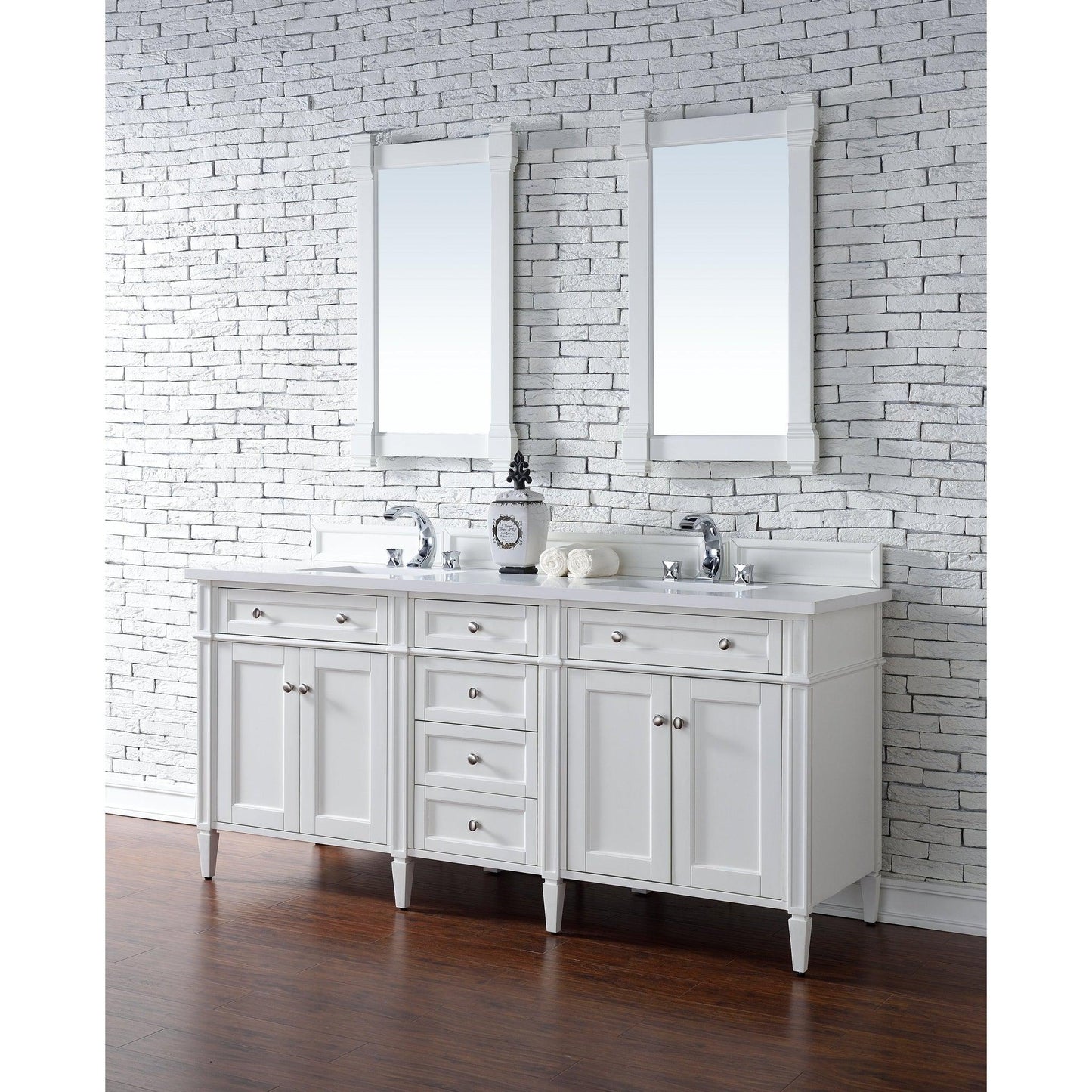 James Martin Vanities Brittany 72" Bright White Double Vanity With 3cm White Zeus Quartz Top