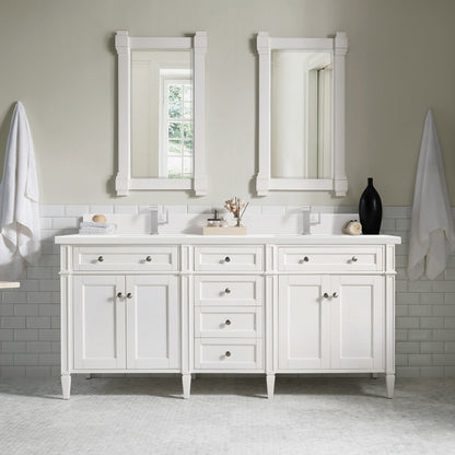 James Martin Vanities Brittany 72" Bright White Double Vanity With Single Hole 3 cm White Zeus Quartz Top & Backsplash