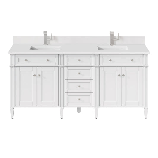 James Martin Vanities Brittany 72" Bright White Double Vanity With Single Hole 3 cm White Zeus Quartz Top & Backsplash