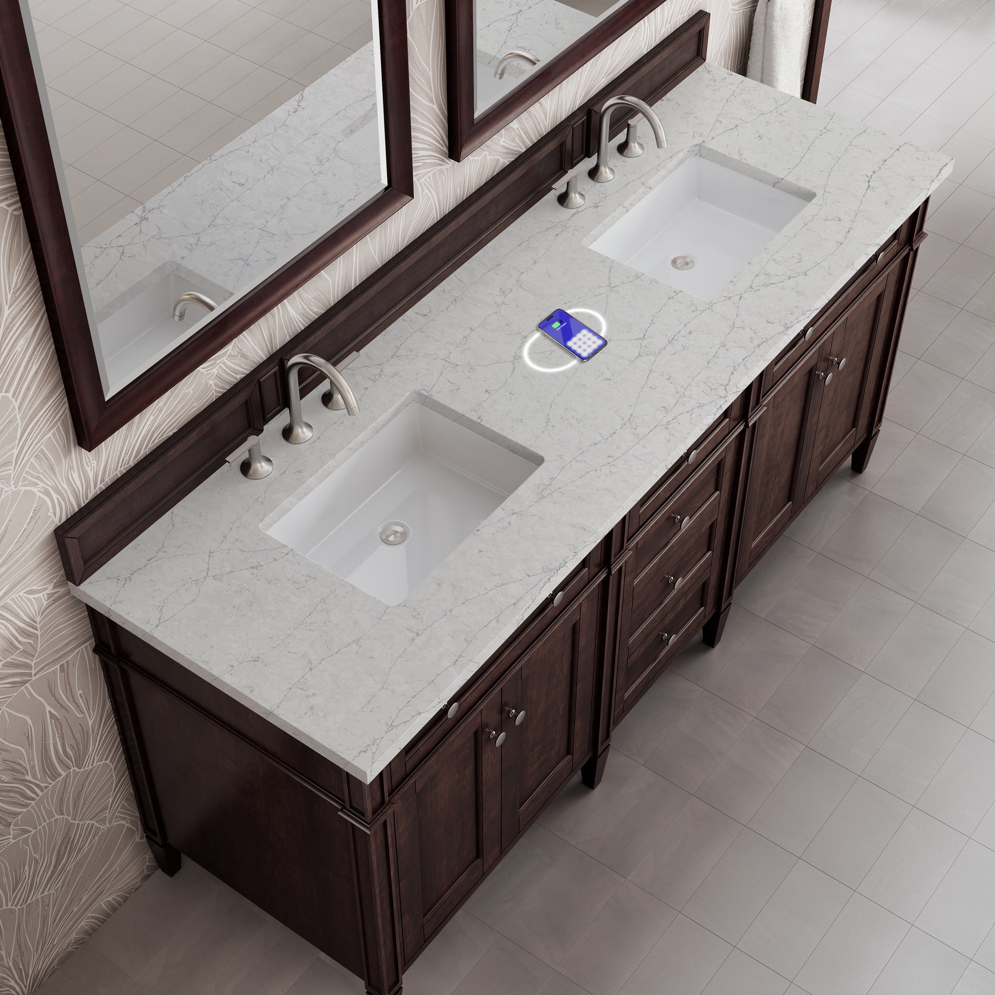 James Martin Vanities Brittany 72" Burnished Mahogany Double Vanity With 3 cm Eternal Jasmine Pearl Silestone Top and FreePower Wireless Charger