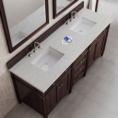 James Martin Vanities Brittany 72" Burnished Mahogany Double Vanity With 3 cm Eternal Jasmine Pearl Silestone Top and FreePower Wireless Charger
