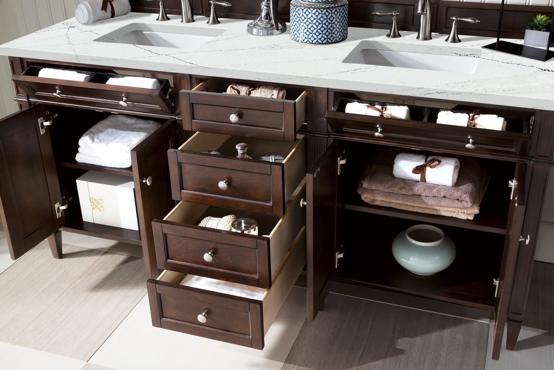 James Martin Vanities Brittany 72" Burnished Mahogany Double Vanity With 3 cm Ethereal Noctis Silestone Top and FreePower Wireless Charger