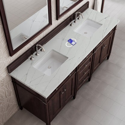 James Martin Vanities Brittany 72" Burnished Mahogany Double Vanity With 3 cm Ethereal Noctis Silestone Top and FreePower Wireless Charger