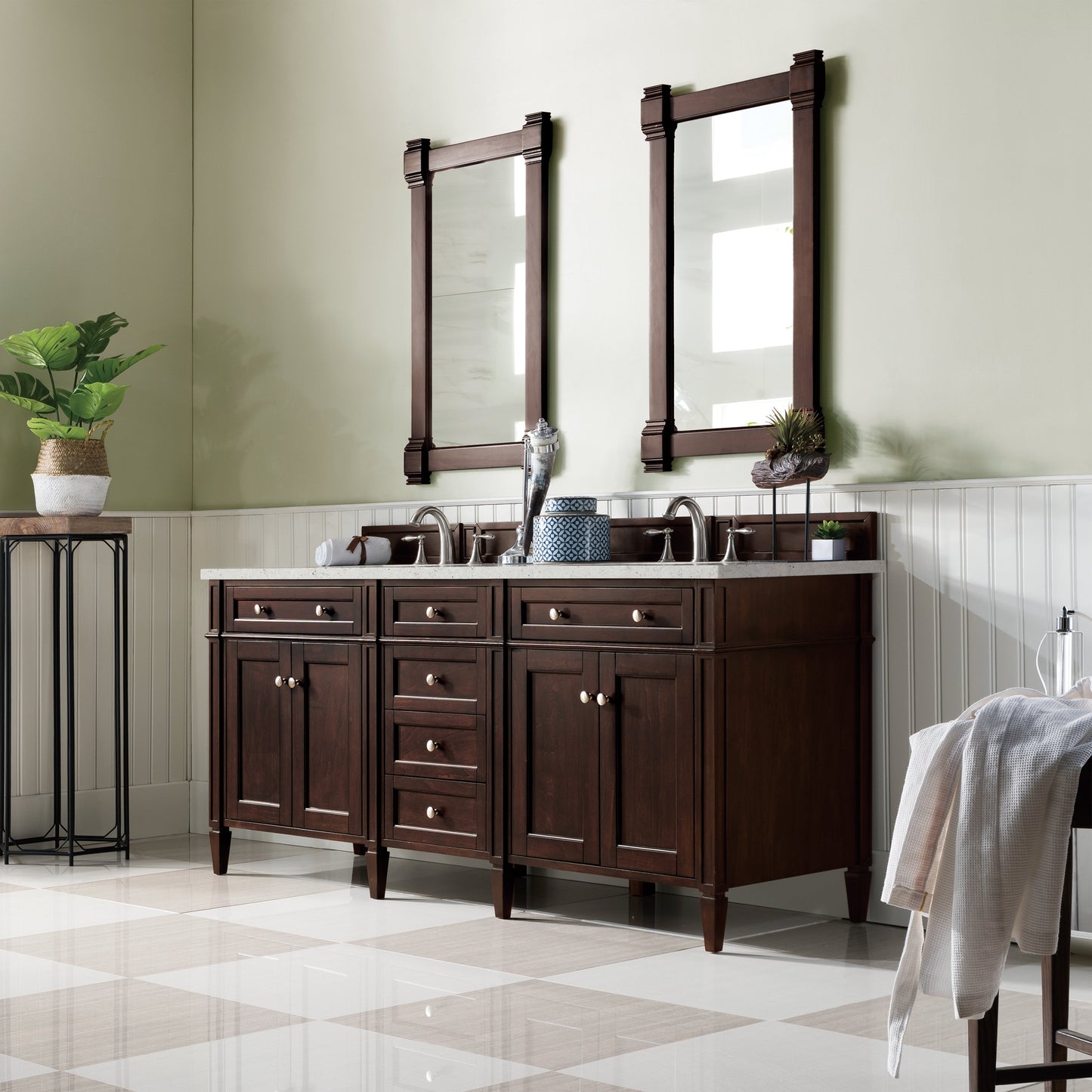 James Martin Vanities Brittany 72" Burnished Mahogany Double Vanity With 3 cm Lime Delight Quartz Top