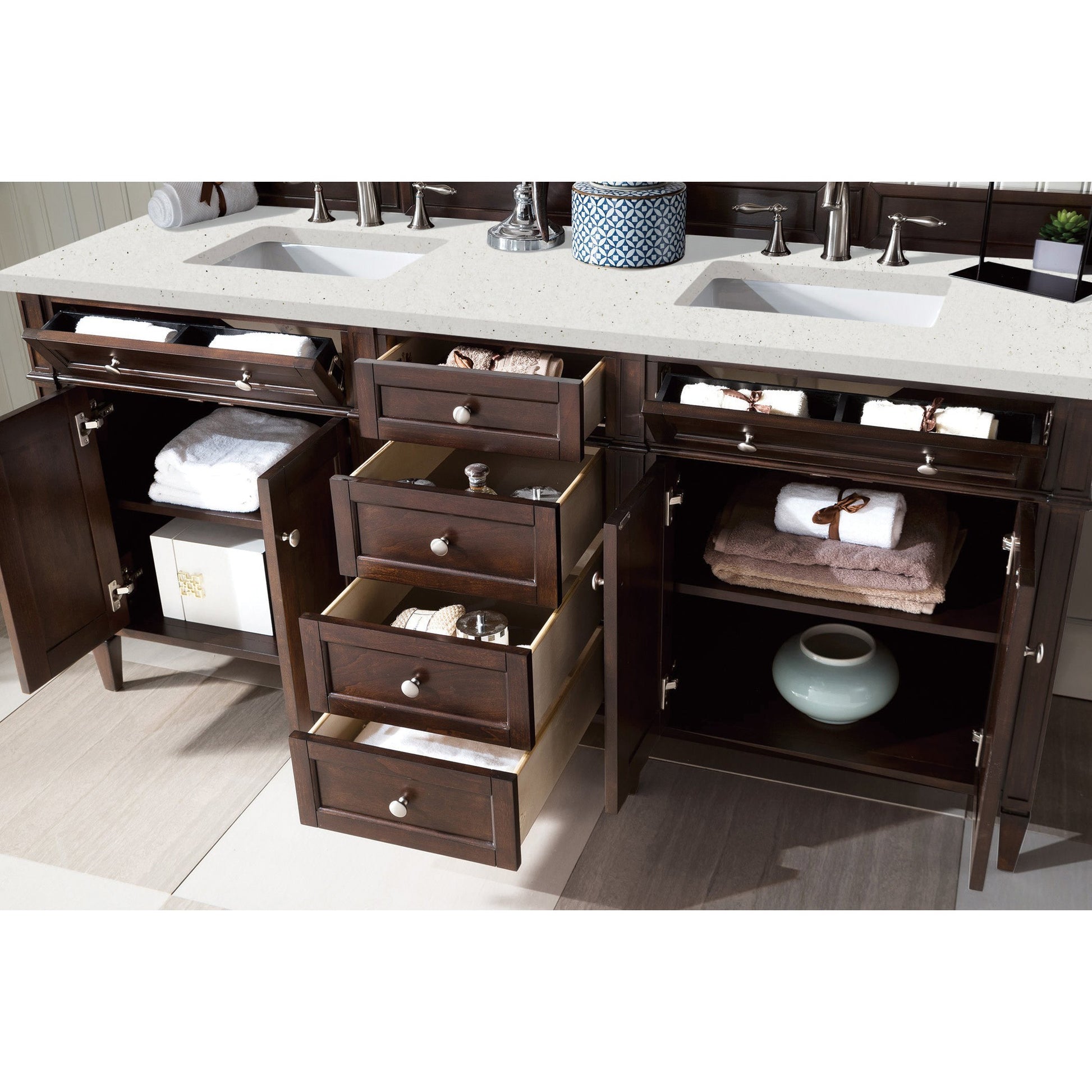 James Martin Vanities Brittany 72" Burnished Mahogany Double Vanity With 3 cm Lime Delight Quartz Top