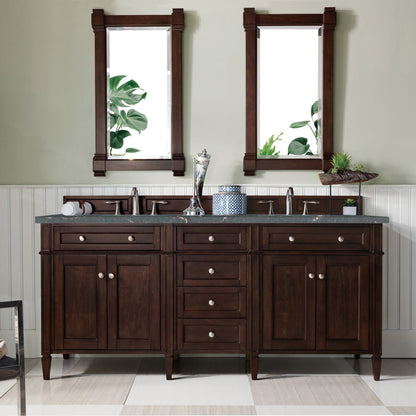 James Martin Vanities Brittany 72" Burnished Mahogany Double Vanity With 3 cm Parisien Bleu Quartz Top