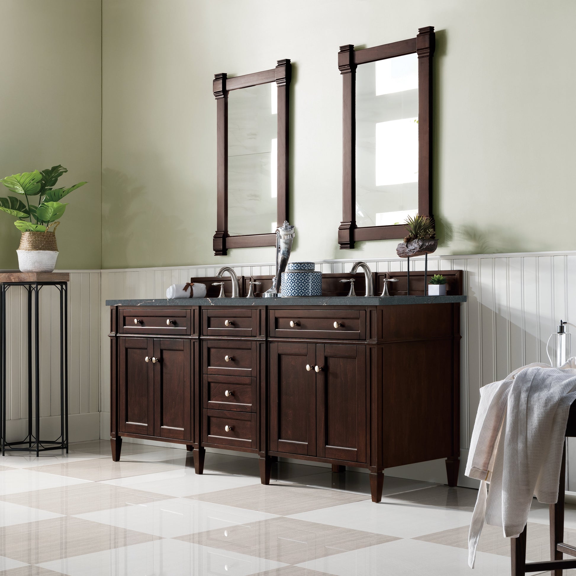 James Martin Vanities Brittany 72" Burnished Mahogany Double Vanity With 3 cm Parisien Bleu Quartz Top