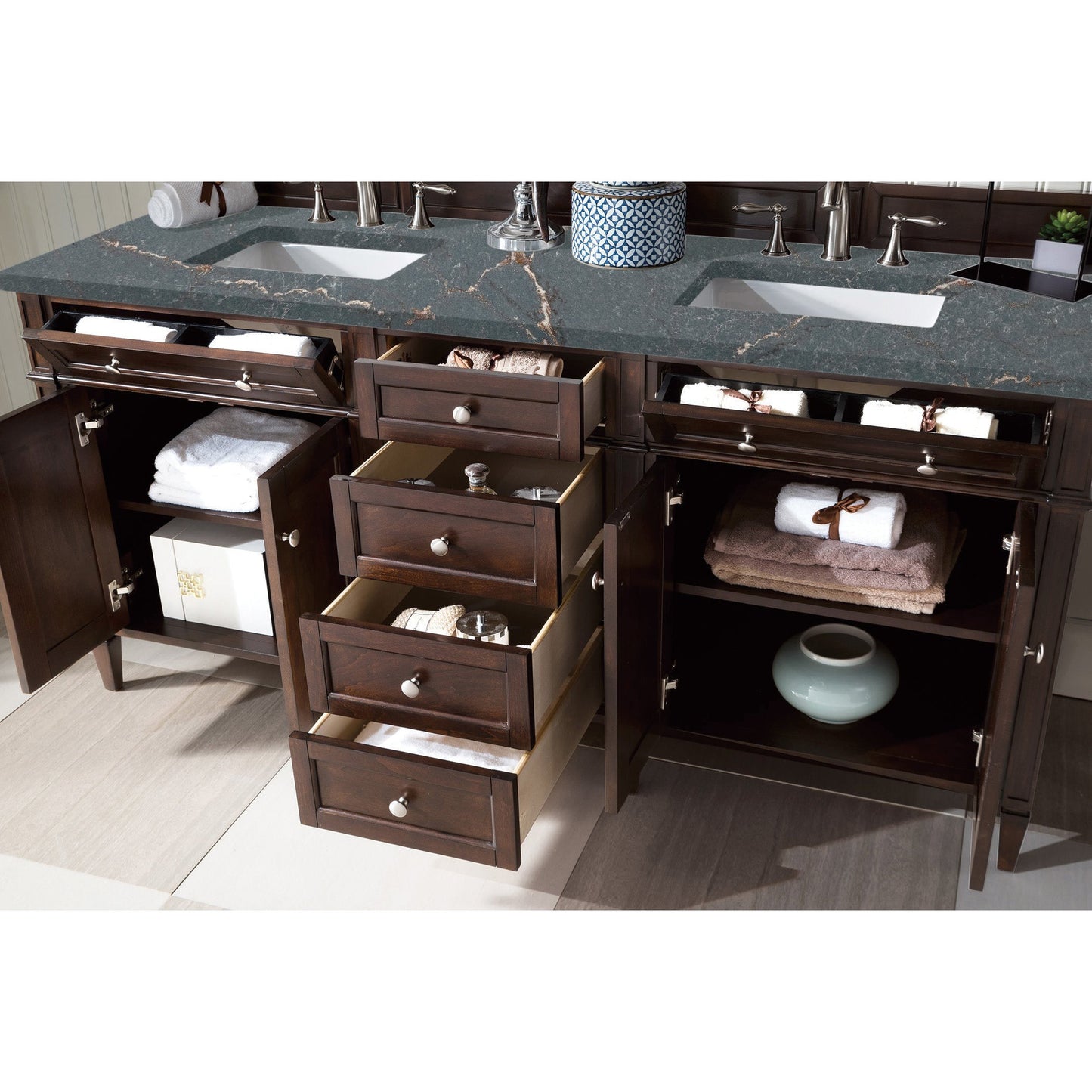 James Martin Vanities Brittany 72" Burnished Mahogany Double Vanity With 3 cm Parisien Bleu Quartz Top