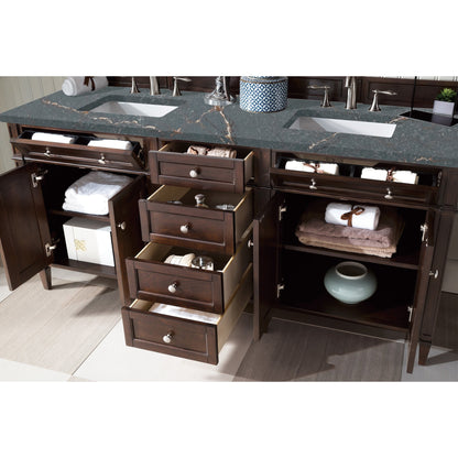 James Martin Vanities Brittany 72" Burnished Mahogany Double Vanity With 3 cm Parisien Bleu Quartz Top