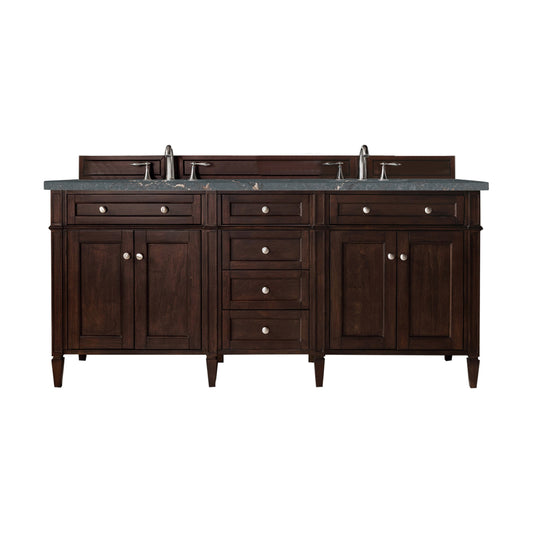 James Martin Vanities Brittany 72" Burnished Mahogany Double Vanity With 3 cm Parisien Bleu Quartz Top