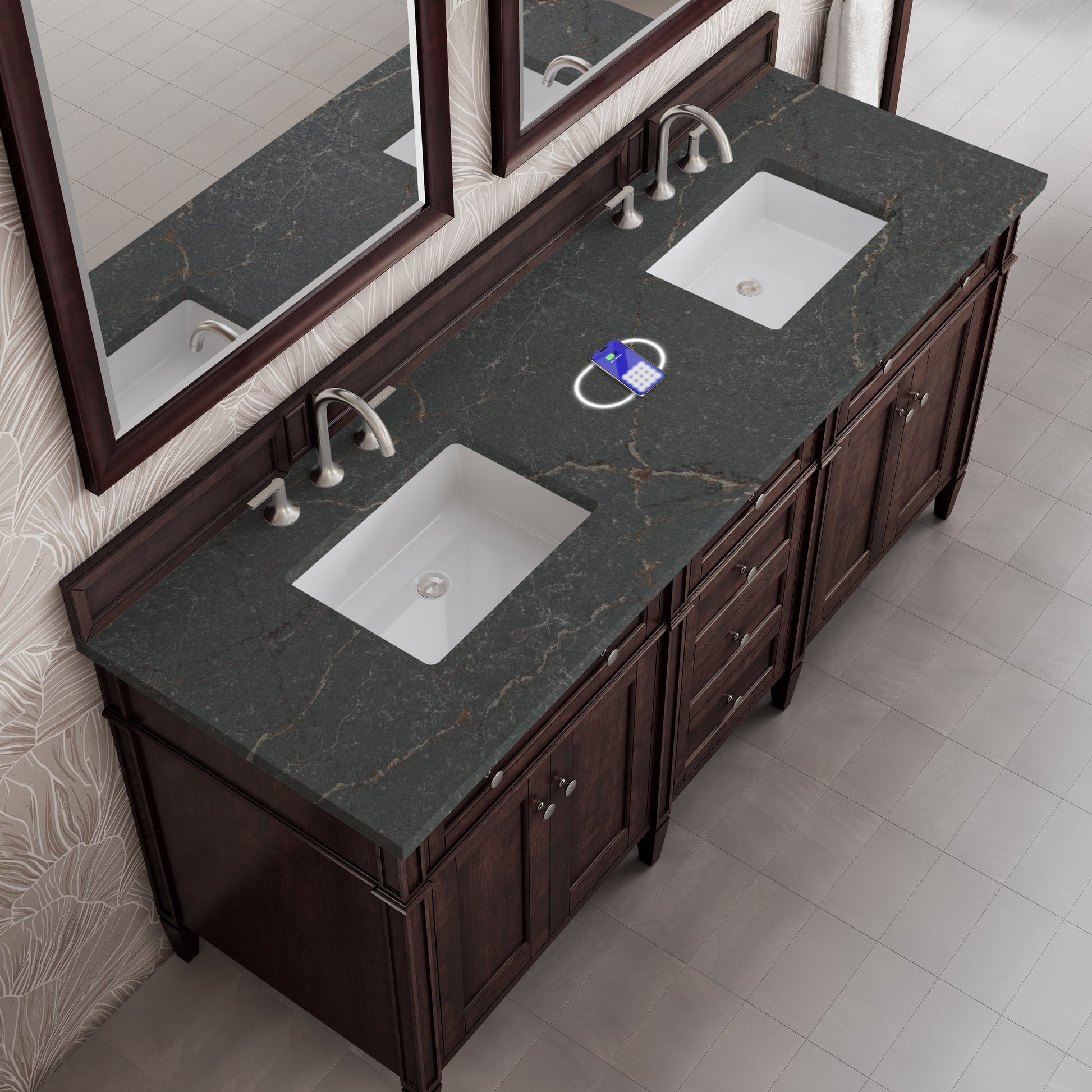 James Martin Vanities Brittany 72" Burnished Mahogany Double Vanity With 3 cm Parisien Bleu Silestone Top and FreePower Wireless Charger