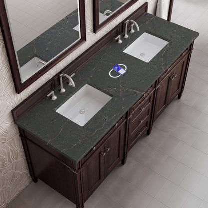 James Martin Vanities Brittany 72" Burnished Mahogany Double Vanity With 3 cm Parisien Bleu Silestone Top and FreePower Wireless Charger