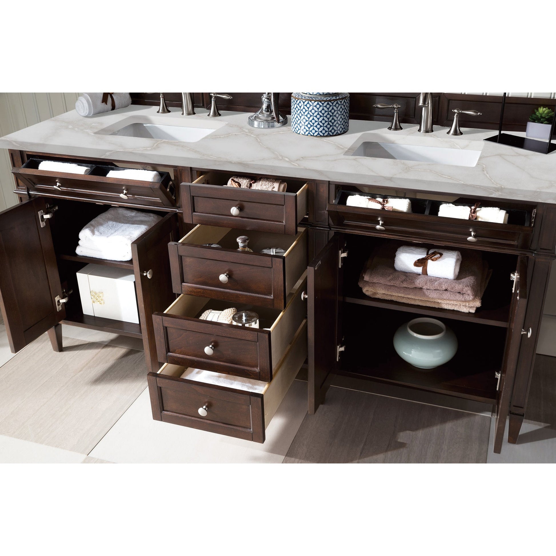 James Martin Vanities Brittany 72" Burnished Mahogany Double Vanity With 3 cm Victorian Silver Quartz Top