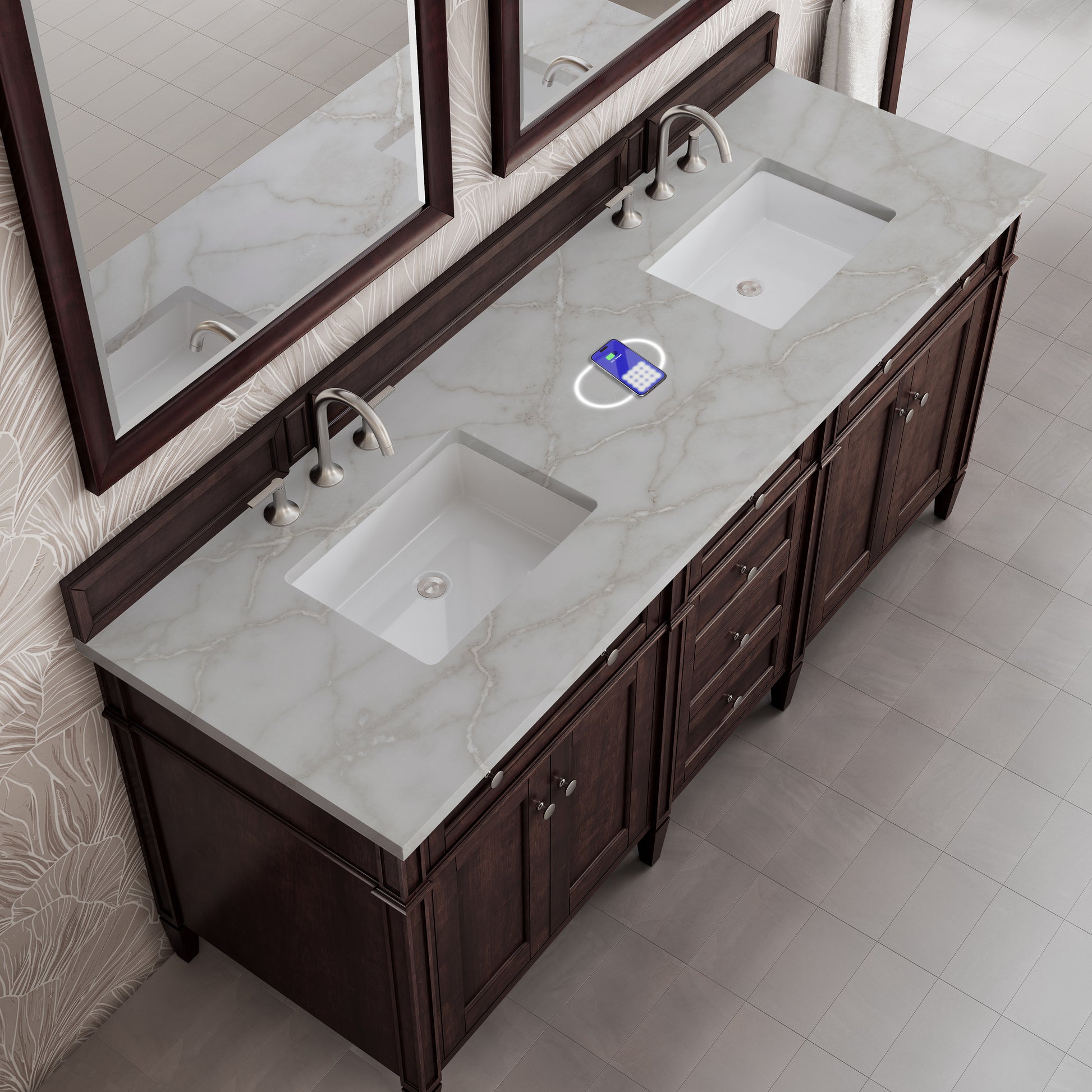 James Martin Vanities Brittany 72" Burnished Mahogany Double Vanity With 3 cm Victorian Silver Silestone Top and FreePower Wireless Charger