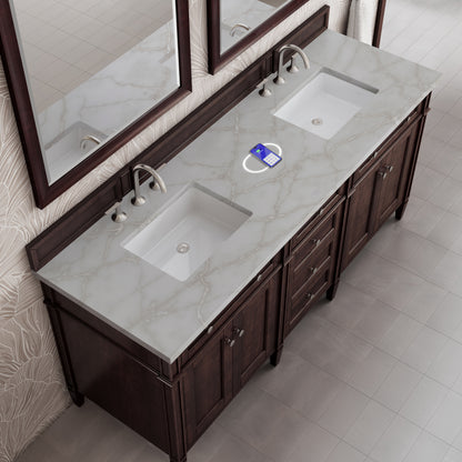James Martin Vanities Brittany 72" Burnished Mahogany Double Vanity With 3 cm Victorian Silver Silestone Top and FreePower Wireless Charger