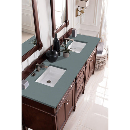 James Martin Vanities Brittany 72" Burnished Mahogany Double Vanity With 3cm Cala Blue Quartz Top