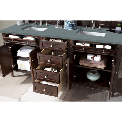 James Martin Vanities Brittany 72" Burnished Mahogany Double Vanity With 3cm Cala Blue Quartz Top