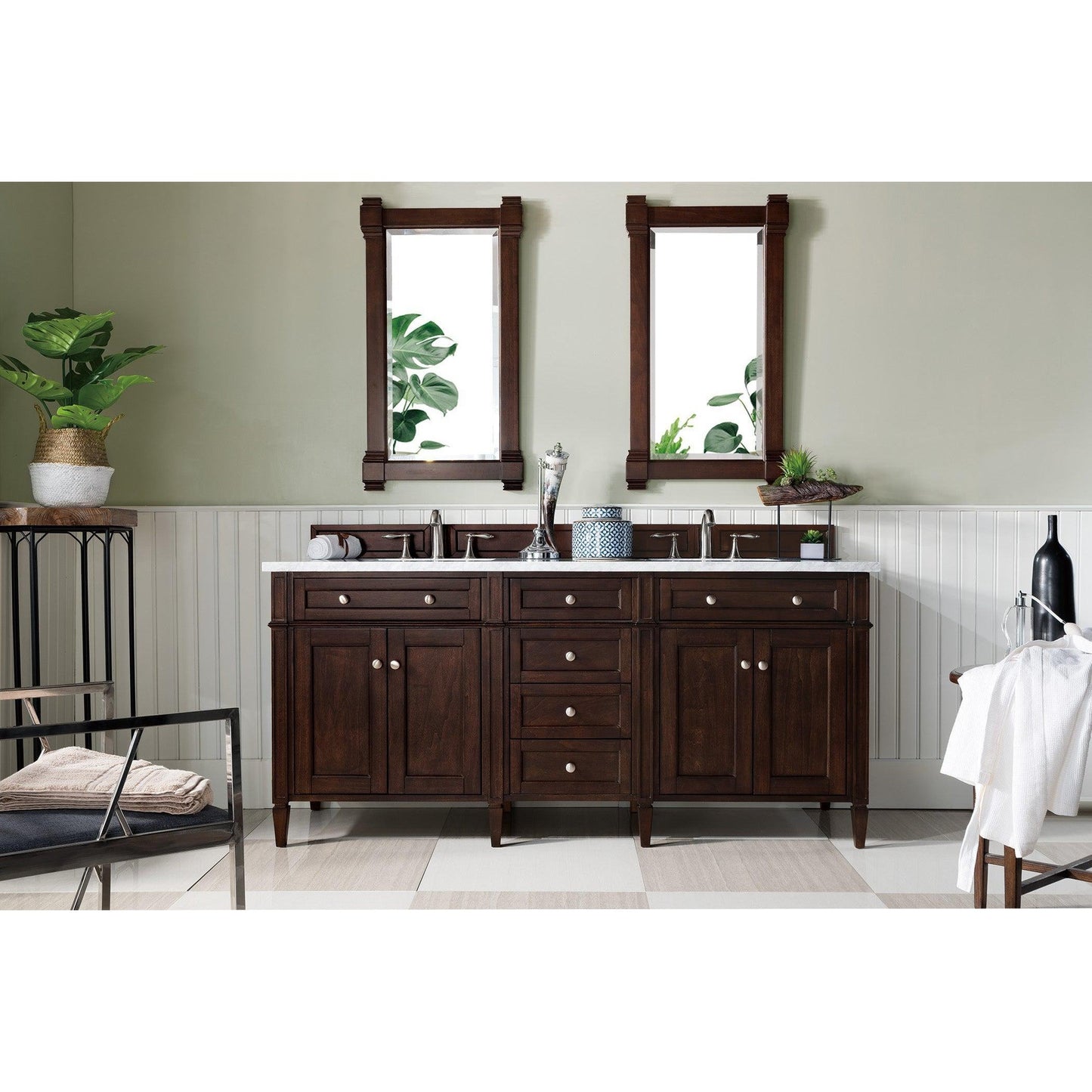 James Martin Vanities Brittany 72" Burnished Mahogany Double Vanity With 3cm Carrara Marble Top