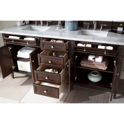 James Martin Vanities Brittany 72" Burnished Mahogany Double Vanity With 3cm Carrara Marble Top