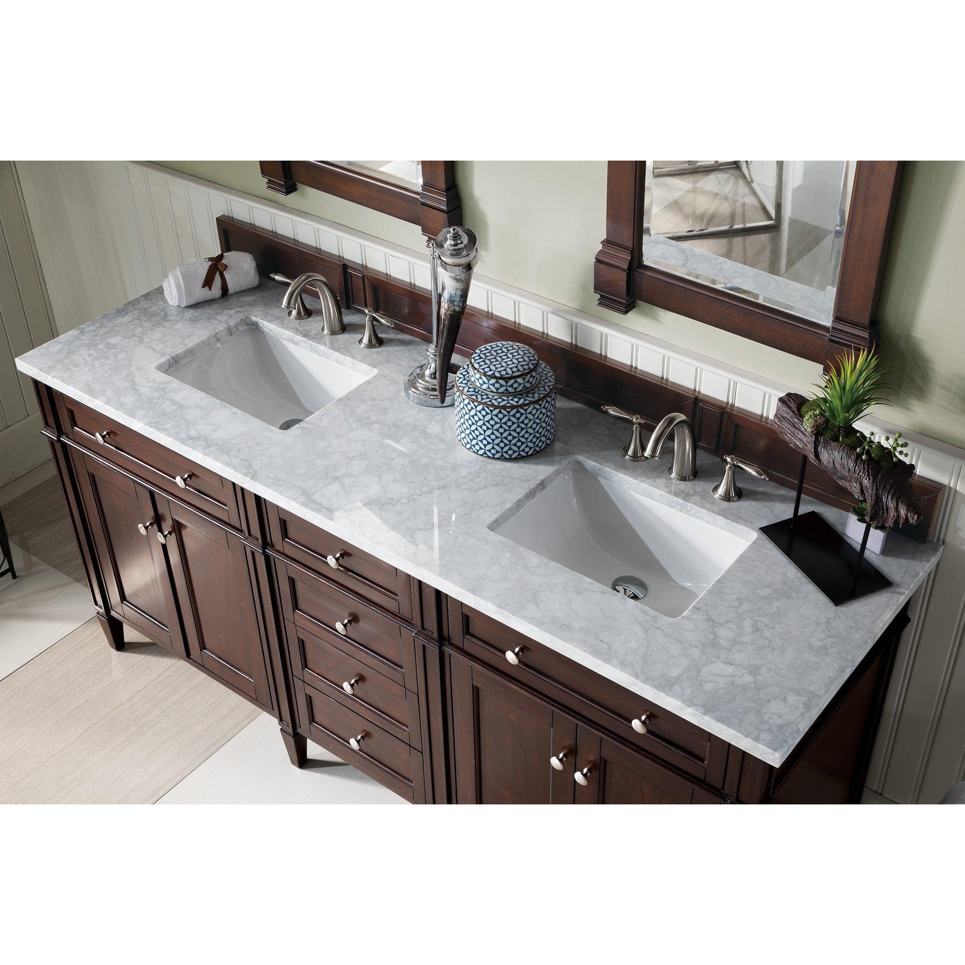 James Martin Vanities Brittany 72" Burnished Mahogany Double Vanity With 3cm Carrara Marble Top