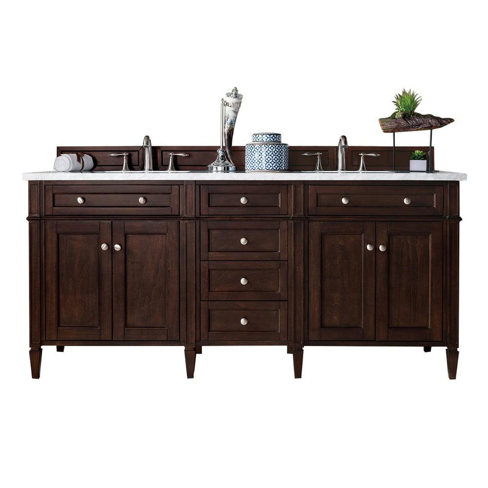 James Martin Vanities Brittany 72" Burnished Mahogany Double Vanity With 3cm Carrara Marble Top