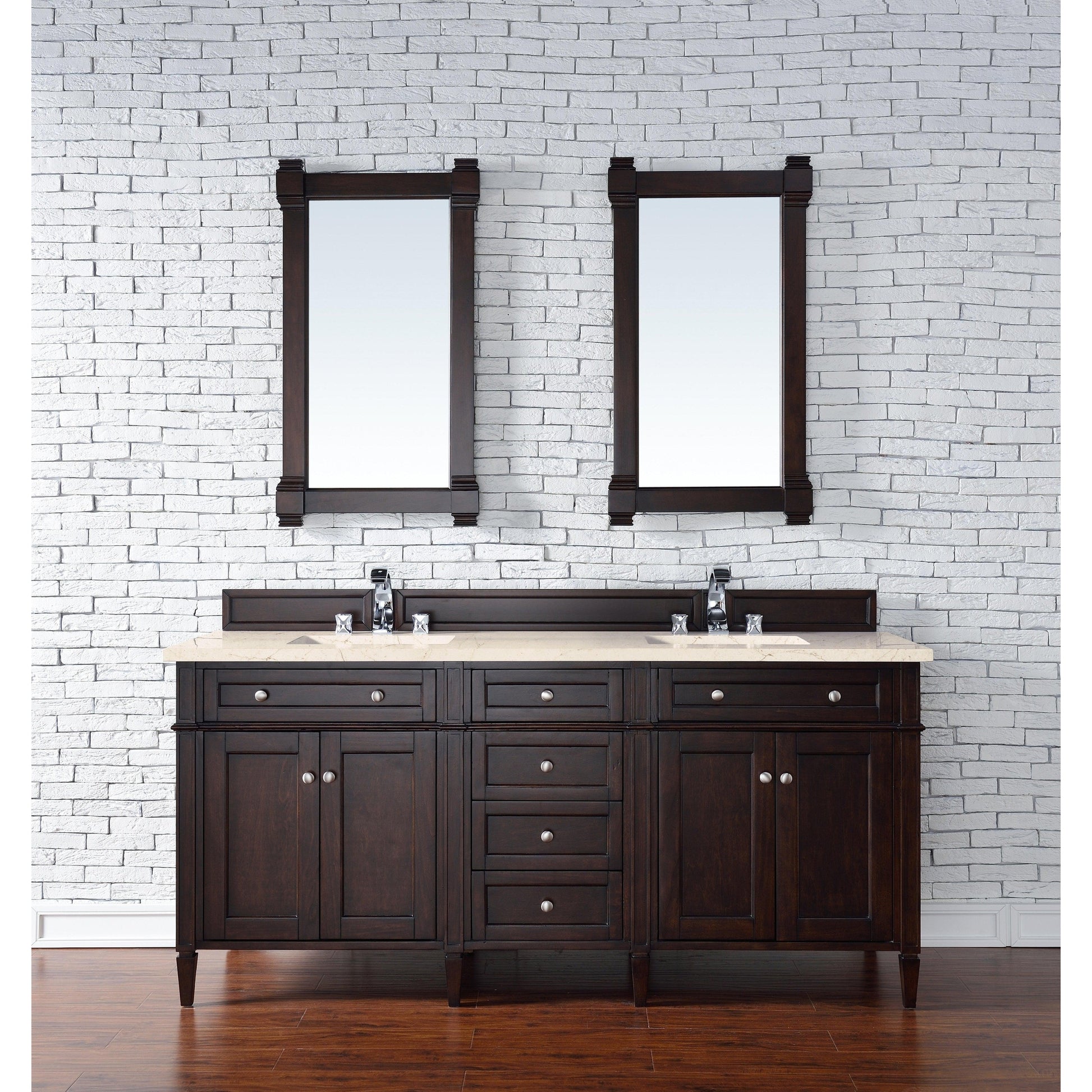 James Martin Vanities Brittany 72" Burnished Mahogany Double Vanity With 3cm Eternal Marfil Quartz Top