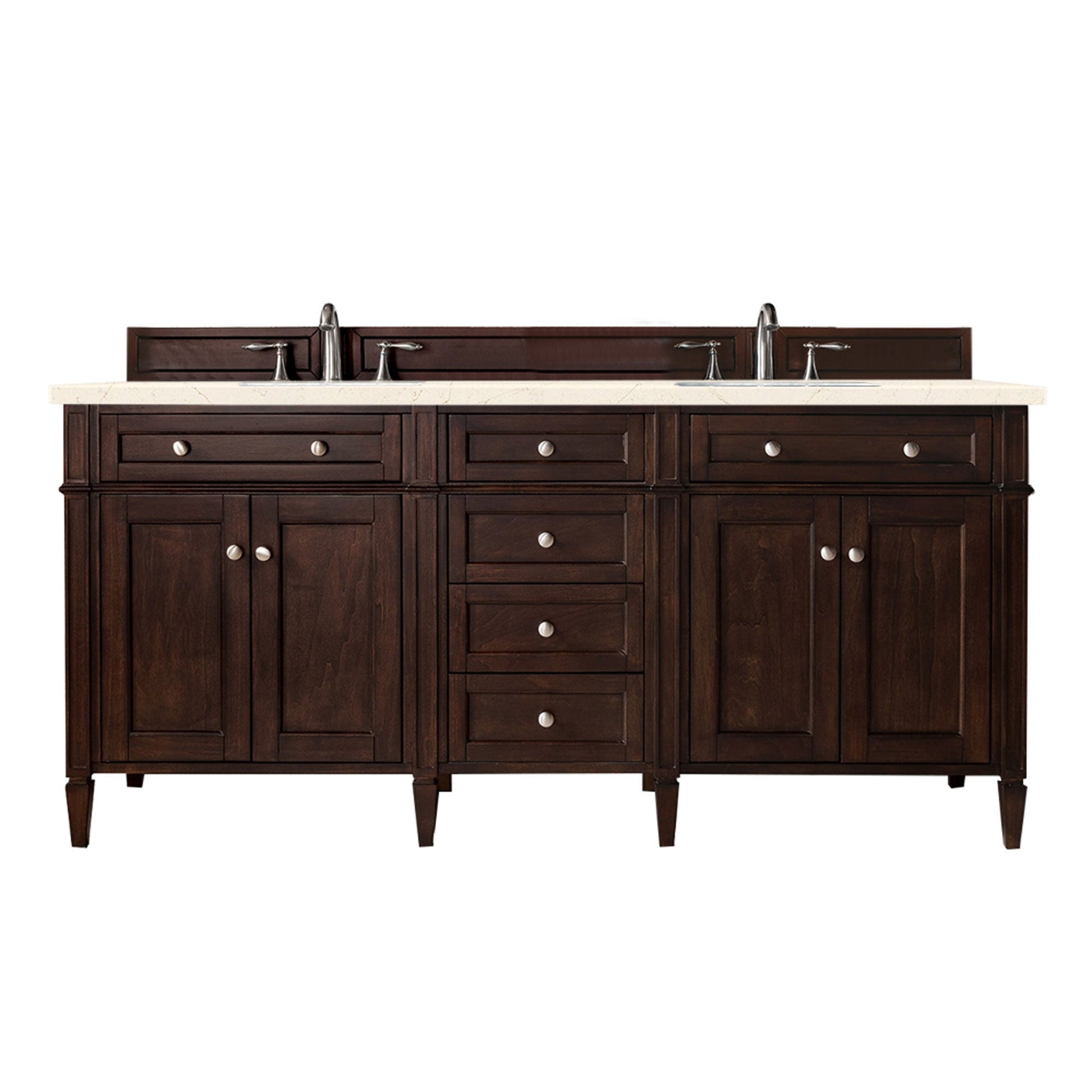 James Martin Vanities Brittany 72" Burnished Mahogany Double Vanity With 3cm Eternal Marfil Quartz Top