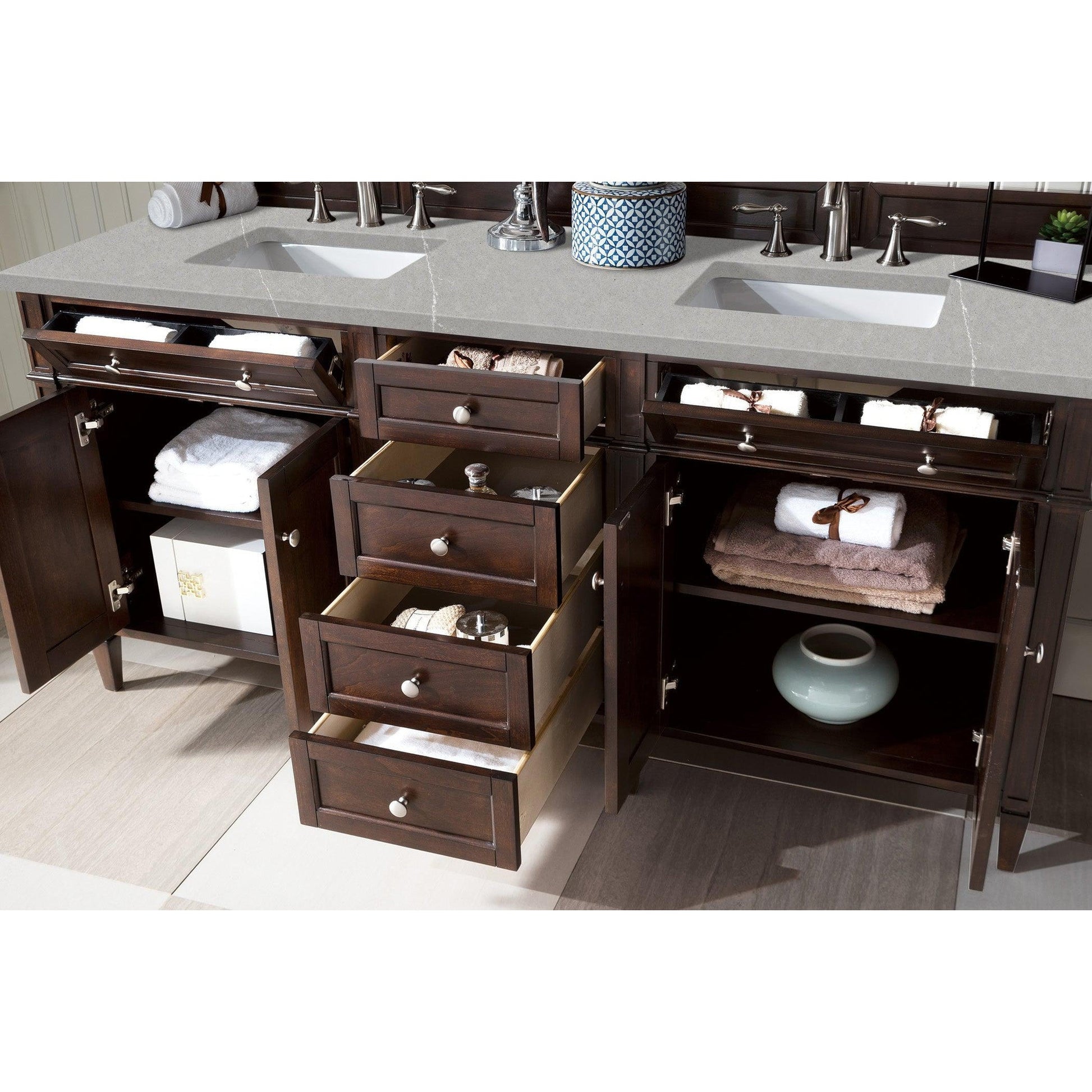 James Martin Vanities Brittany 72" Burnished Mahogany Double Vanity With 3cm Eternal Serena Quartz Top